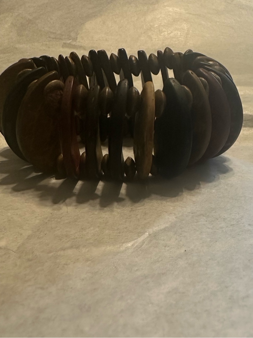 Vintage Multicolor Wooden Disc Stretch Bracelet - Red, Green, Brown - Picture 3 of 3